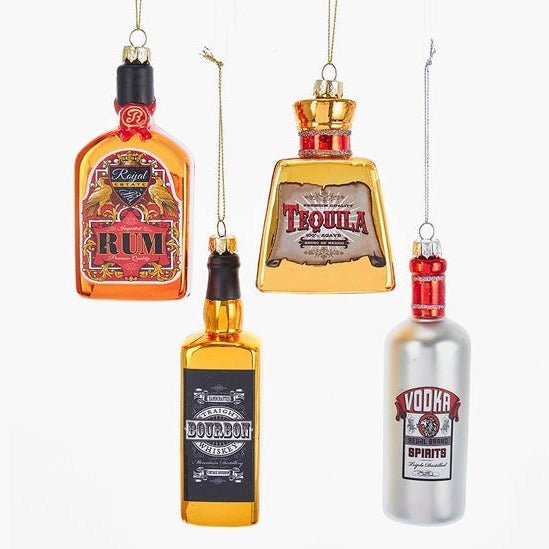 Rum, Bourbon, Tequila and Vodka Glass Alcohol Bottle Ornaments (Set of 4)