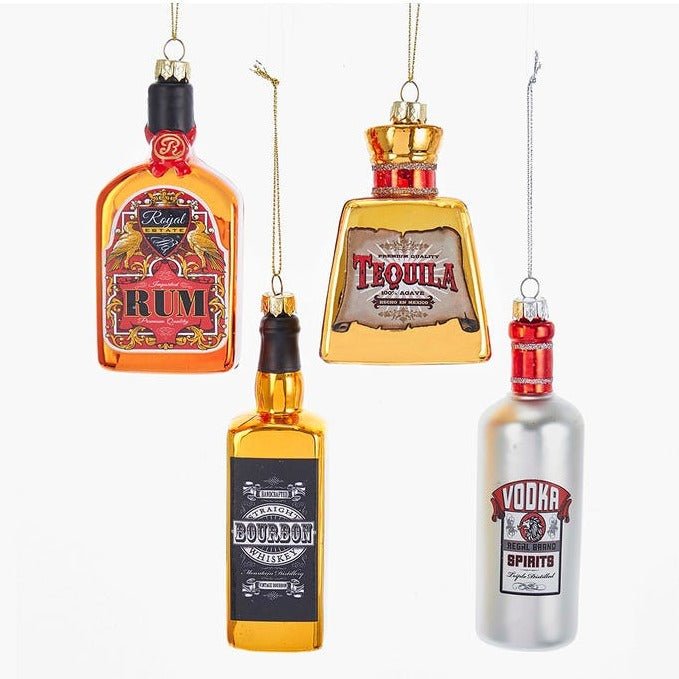 Rum, Bourbon, Tequila and Vodka Glass Alcohol Bottle Ornaments (Set of 4)