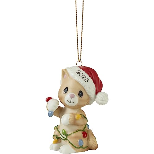 Tangled in Christmas Fun 2023 Dated Cat Bisque Porcelain Ornament