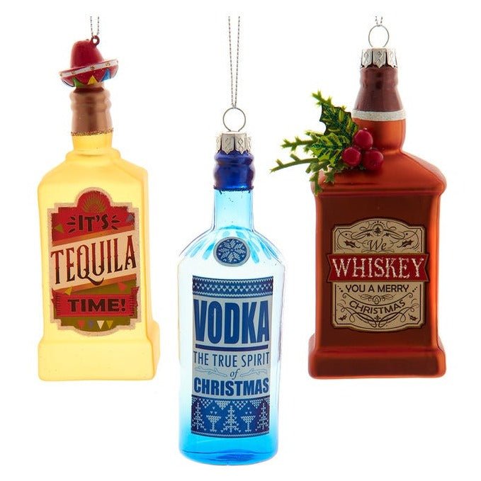 Tequila, Vodka and Whiskey Glass Alcohol Bottle Ornaments (Set of 3)