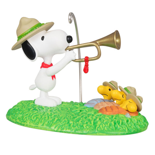 The Peanuts Gang Beagle Scouts 50th Anniversary Rise and Shine! 2024 Keepsake Ornament and Pin, Set of 2