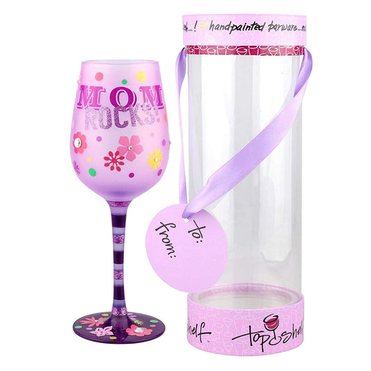 Top Shelf Decorative "This Mom Rocks" Frosted Wine Glass ; Unique Gift Idea for Birthdays, Mother's Day, or Christmas ; Hand Painted Red or White Wine Glass