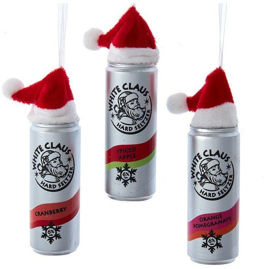 White Claus Seltzer With Santa Hat Ornaments (Set of 3)