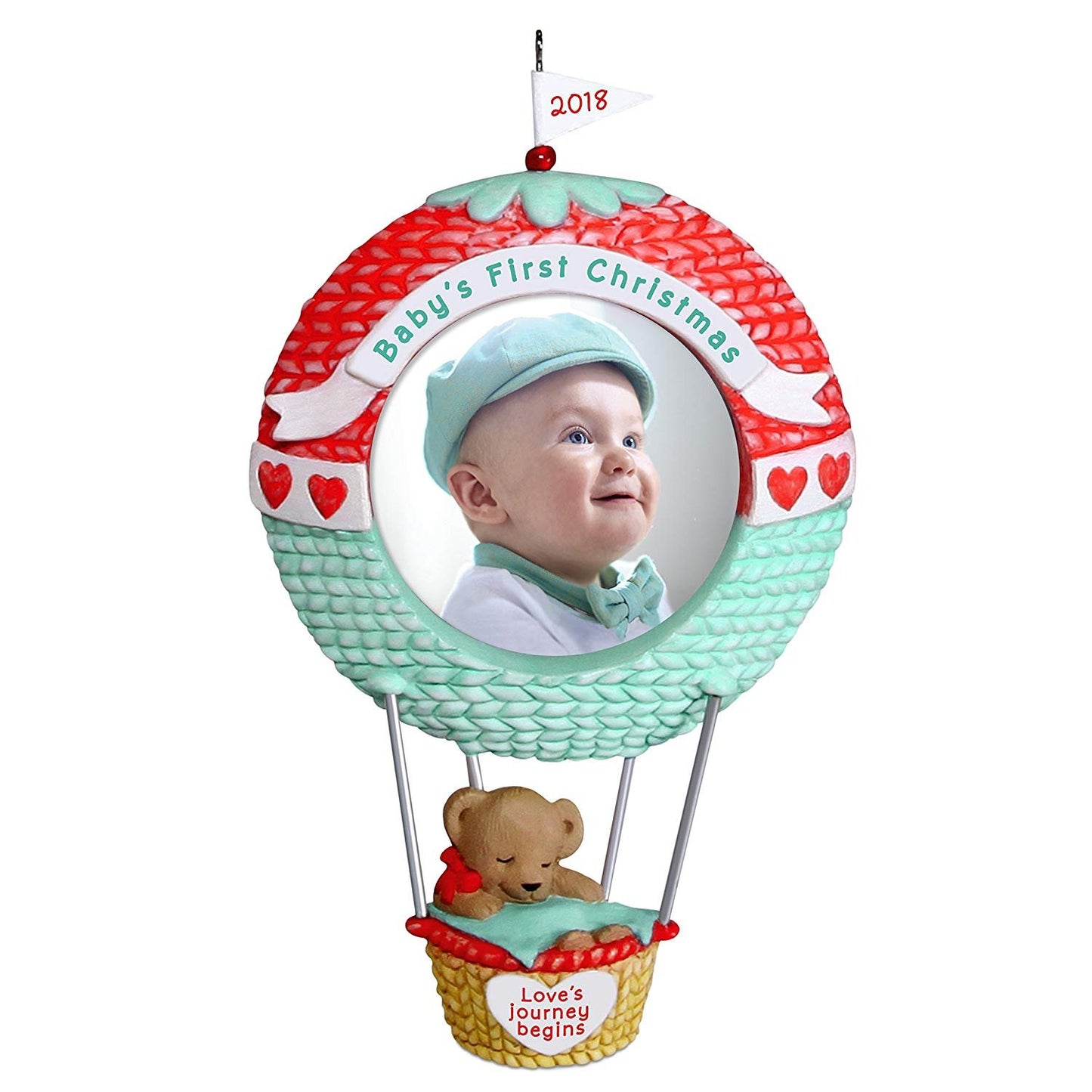 Hallmark Keepsake Ornament 2018 Personalized Year Dated, Baby's First Christmas Love's Journey Begins Picture Frame, Photo, Hot Air Balloon