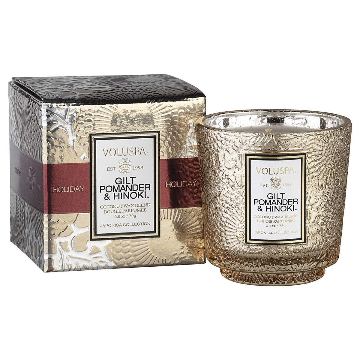 Voluspa Gilt Pomander & Hinoki Petite Embossed Glass Pedestal Candle, 2.5 ounces