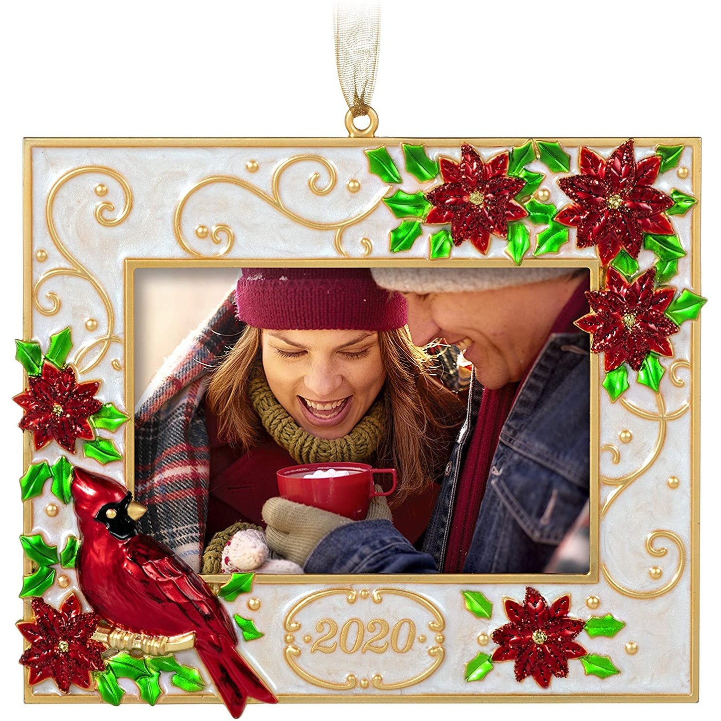 Hallmark Keepsake Christmas Ornament 2020 Year-Dated, Deck the Halls Poinsettias and Cardinal Photo Frame, Metal