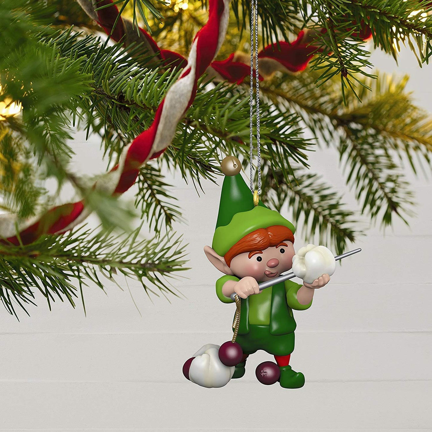 Hallmark Keepsake Christmas Ornament 2018 Year Dated, North Pole Tree Trimmers Elf Stringing Popcorn