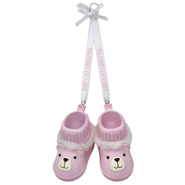Hallmark Keepsake Ornament 2019 Year Dated Baby Girl?ÇÖs First Christmas Pink Teddy Bear Booties,