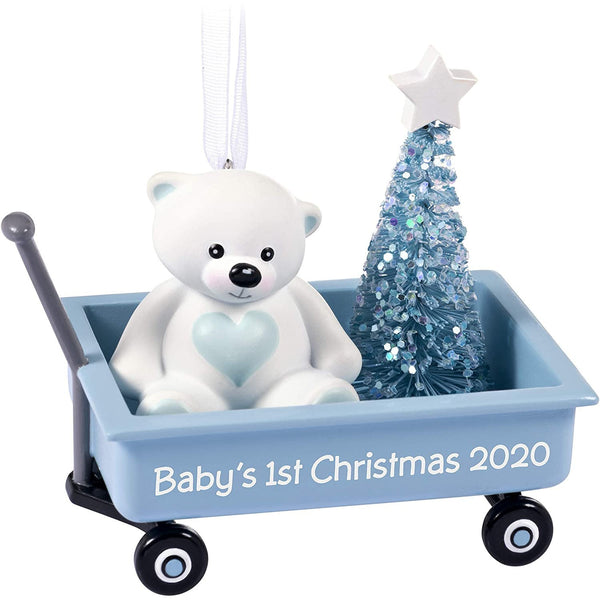 Hallmark Keepsake Ornament 2020 Year-Dated, Baby Boy's First Christmas Teddy Bear in Blue Wagon